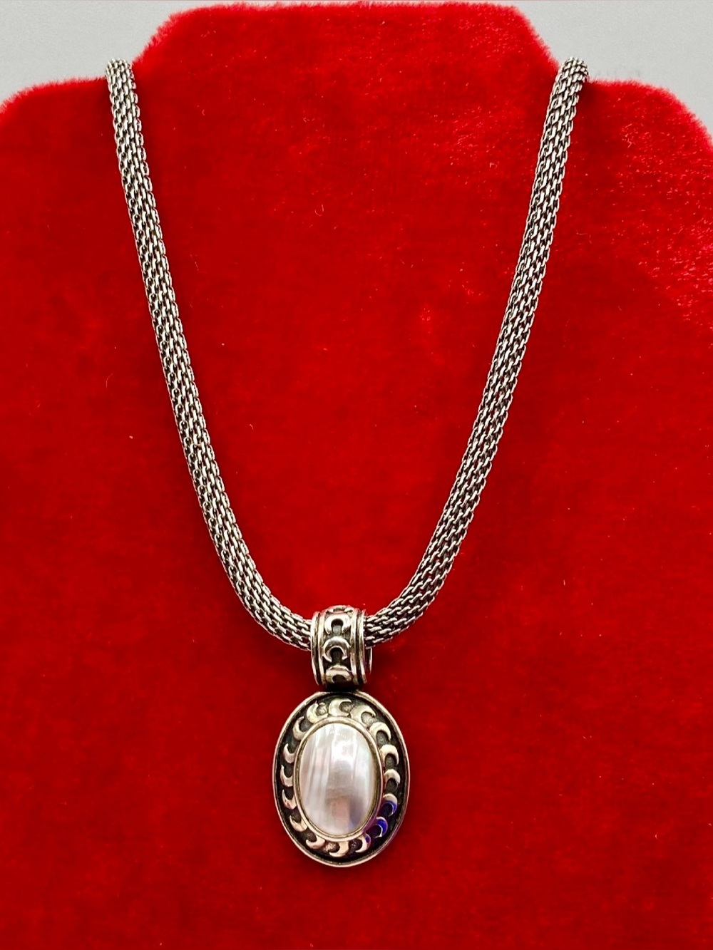 Sterling Silver Mother of Pearl Carved Moons Bezel Necklace